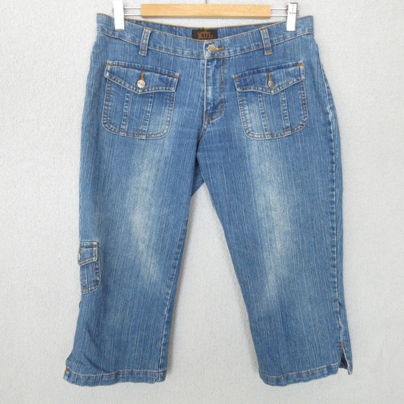 KÜL Women's Blue Denim Capri Pants Cropped Jeans Button Pockets Cute Size 5 - Picture 2 of 11